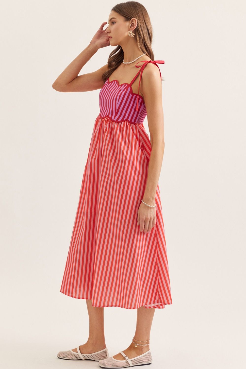 Red Pink Striped Scallop Midi Dress