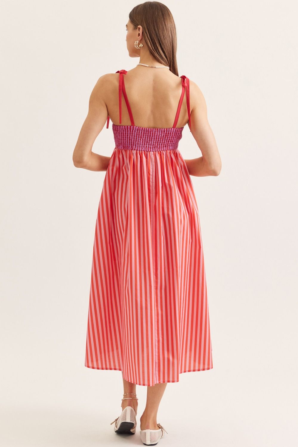Red Pink Striped Scallop Midi Dress
