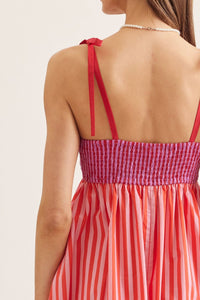 Red Pink Striped Scallop Midi Dress