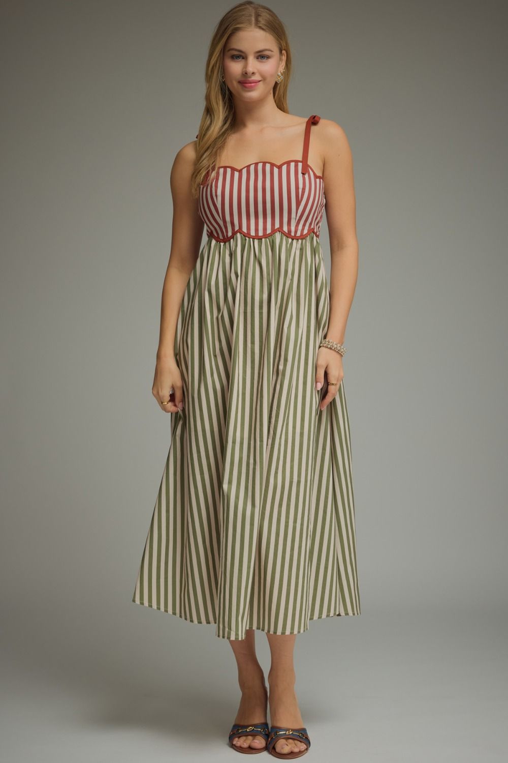 Rust Olive Scallop Stripe Midi Dress