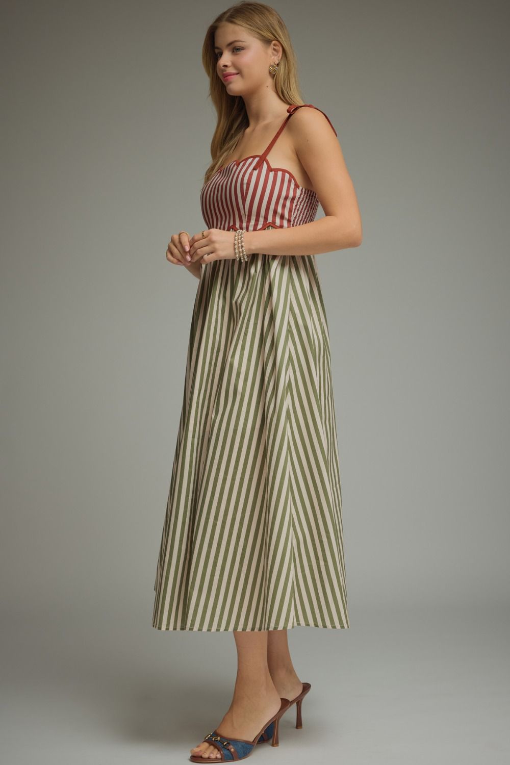 Rust Olive Scallop Stripe Midi Dress