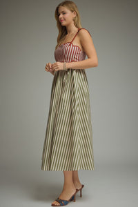 Rust Olive Scallop Stripe Midi Dress