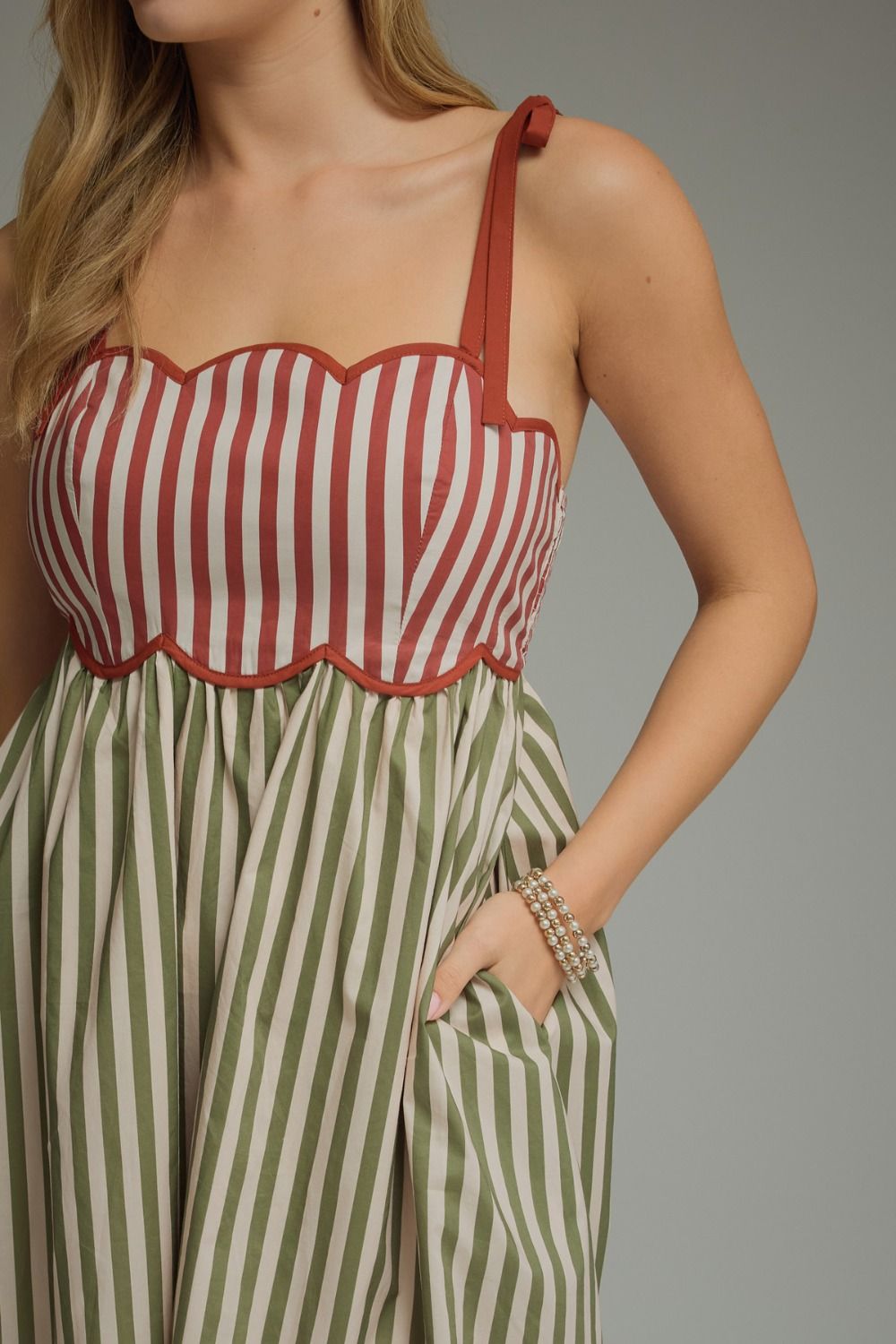Rust Olive Scallop Stripe Midi Dress