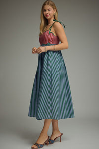 Hunter Green & Blue Scallop Stripe Midi Dress