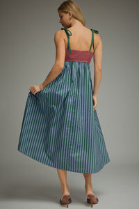 Hunter Green & Blue Scallop Stripe Midi Dress
