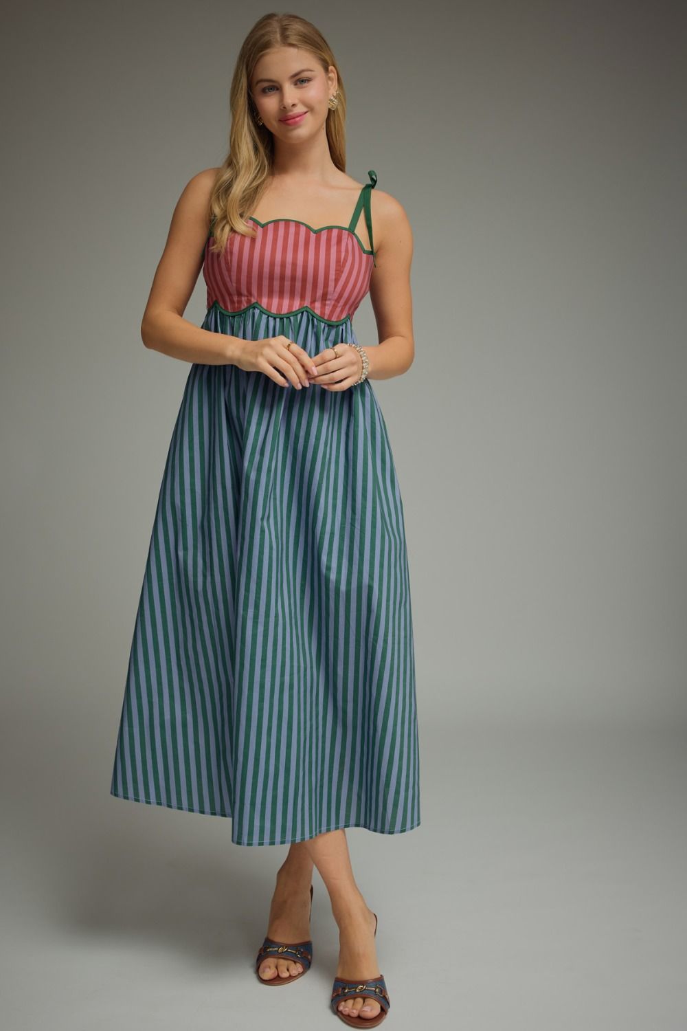 Hunter Green & Blue Scallop Stripe Midi Dress