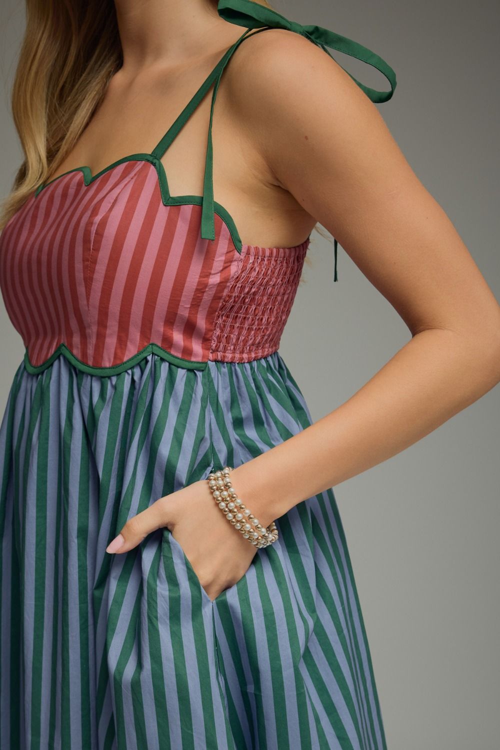 Hunter Green & Blue Scallop Stripe Midi Dress