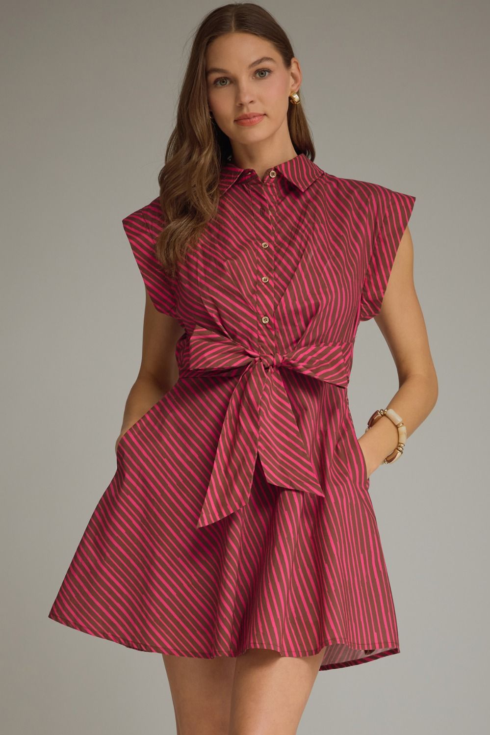 Brown Fuchsia Tie Waist Mini Dress