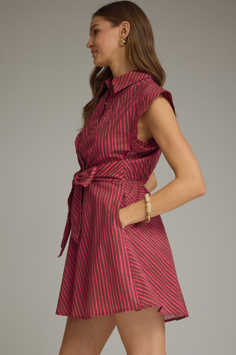 Brown Fuchsia Tie Waist Mini Dress