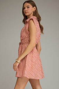 Pink Brown Tie Waist Mini Dress