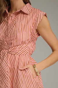 Pink Brown Tie Waist Mini Dress
