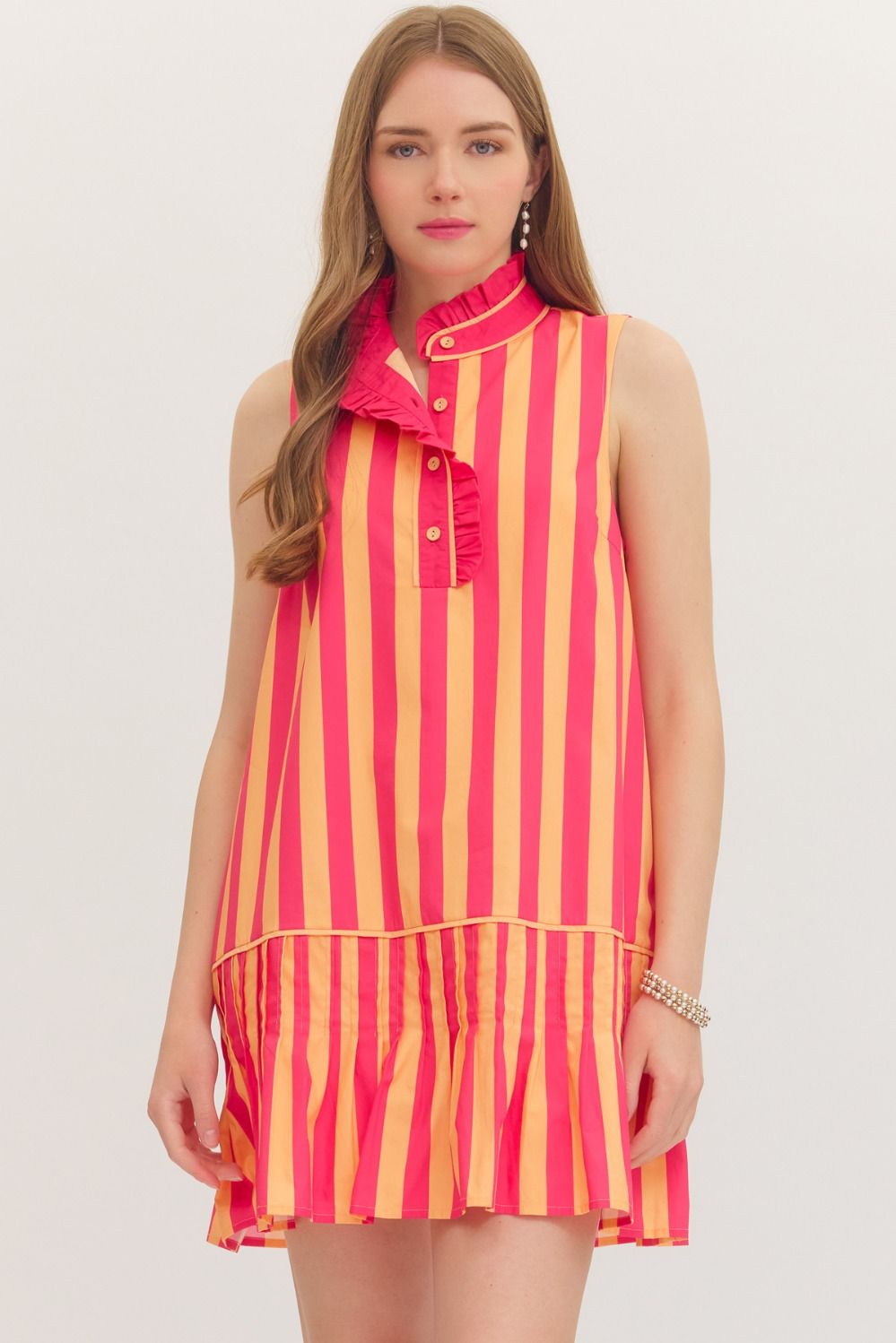 Orange Sleeveless Ruffle Stripe Mini Dress