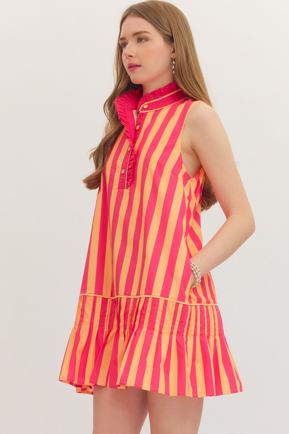 Orange Sleeveless Ruffle Stripe Mini Dress