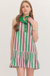 Green Sleeveless Ruffle Stripe Mini Dress