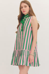 Green Sleeveless Ruffle Stripe Mini Dress