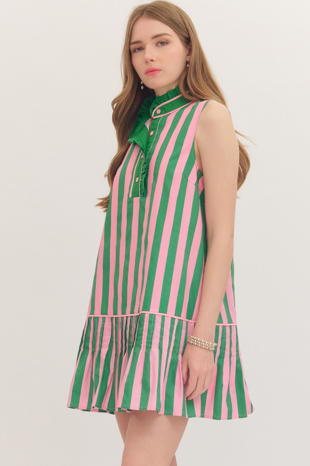 Green Sleeveless Ruffle Stripe Mini Dress