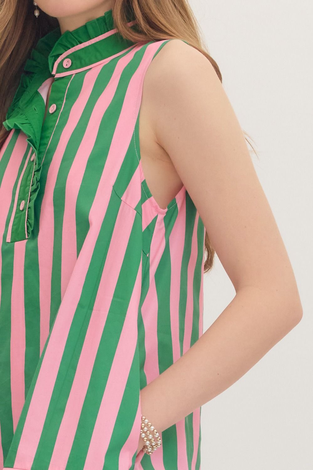 Green Sleeveless Ruffle Stripe Mini Dress