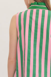 Green Sleeveless Ruffle Stripe Mini Dress
