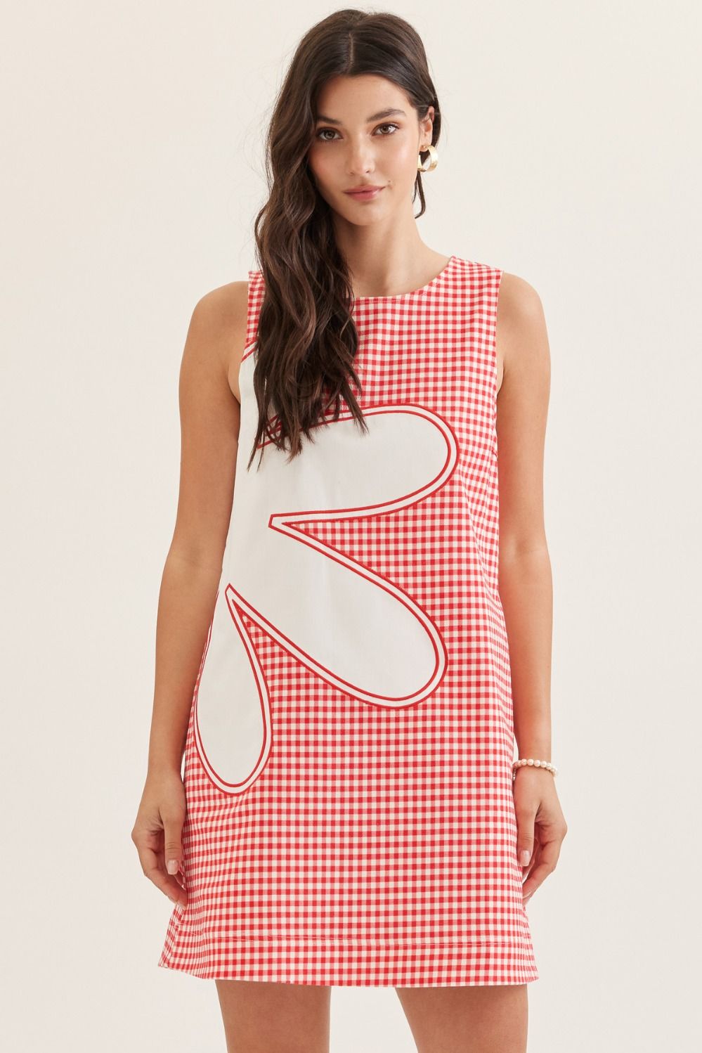 Red Gingham Sleeveless Floral Mini Dress