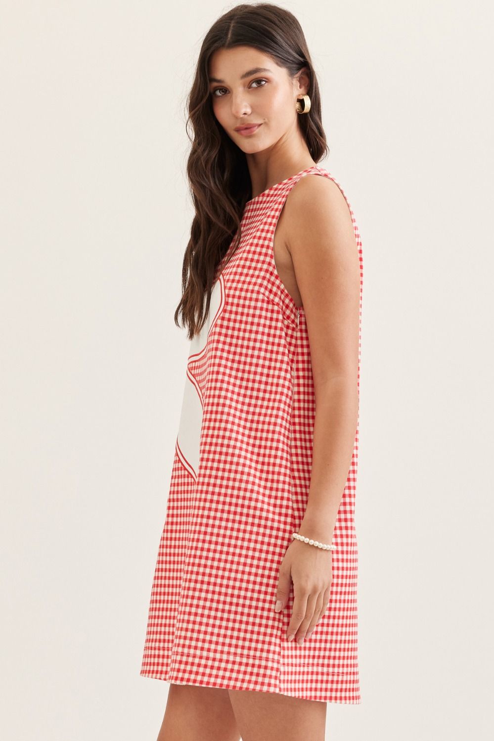 Red Gingham Sleeveless Floral Mini Dress