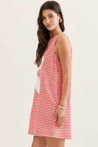 Red Gingham Sleeveless Floral Mini Dress