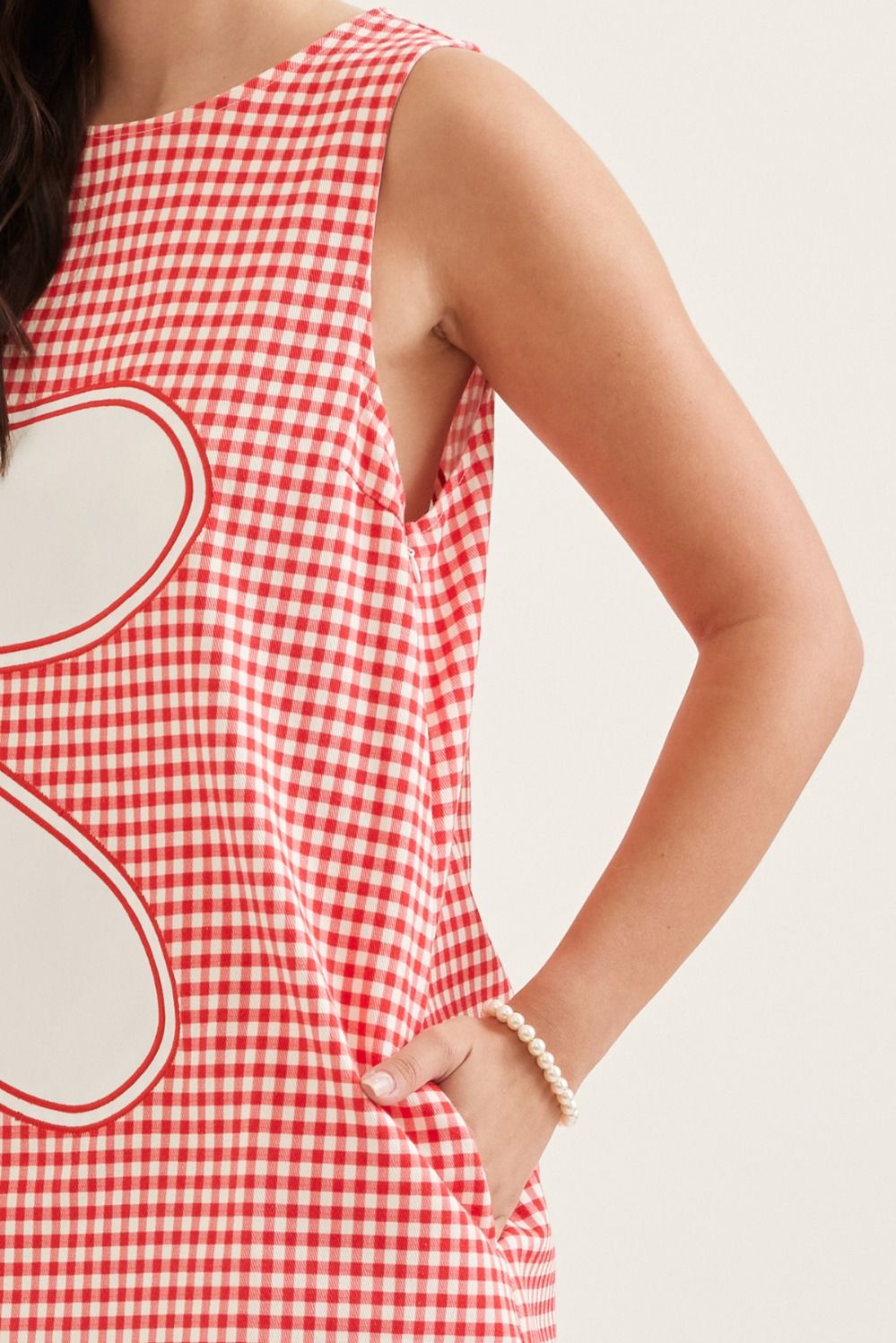 Red Gingham Sleeveless Floral Mini Dress