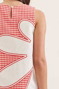 Red Gingham Sleeveless Floral Mini Dress