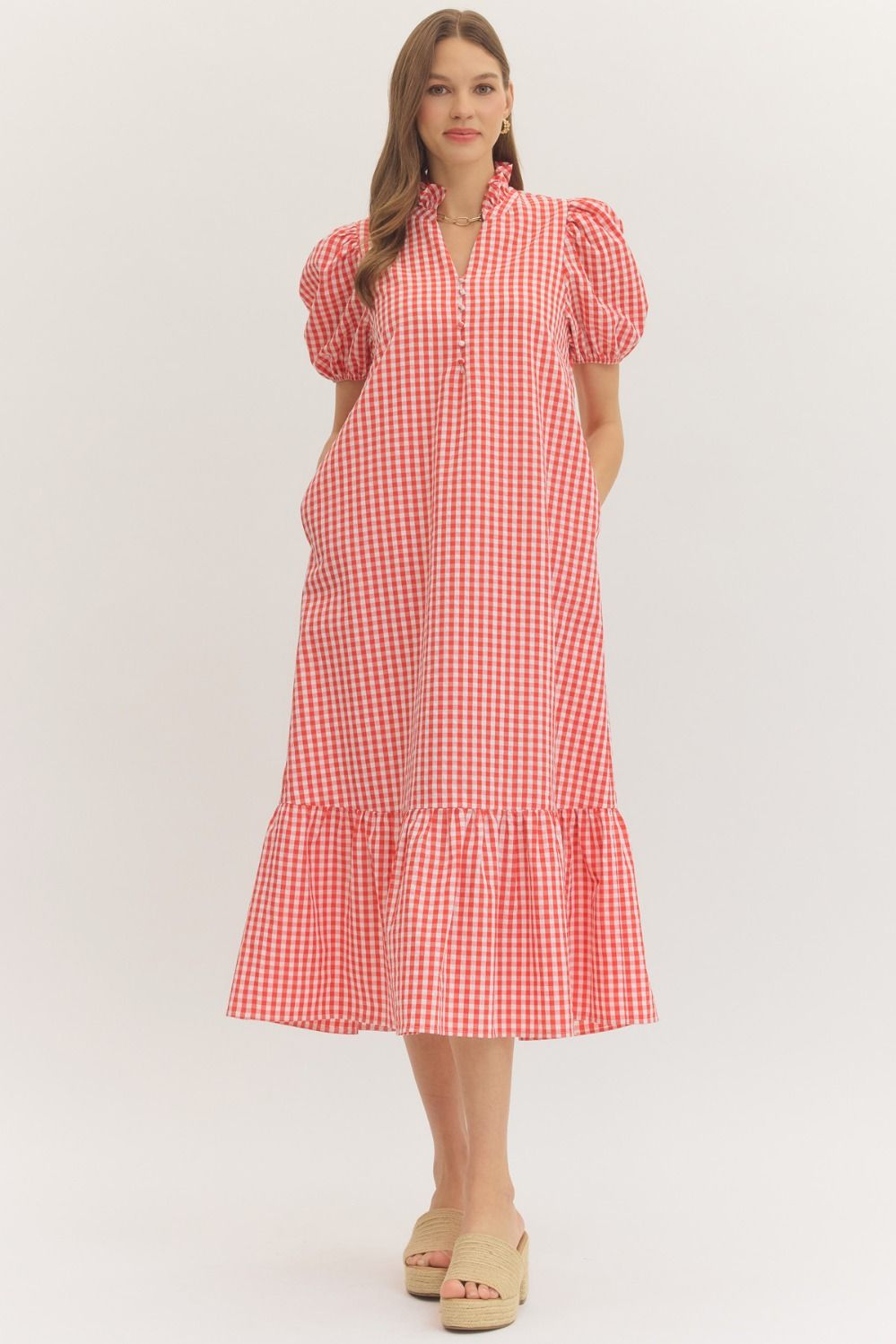 Red Gingham Puff Sleeve Midi Dress