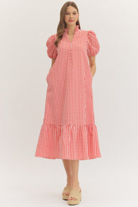 Red Gingham Puff Sleeve Midi Dress