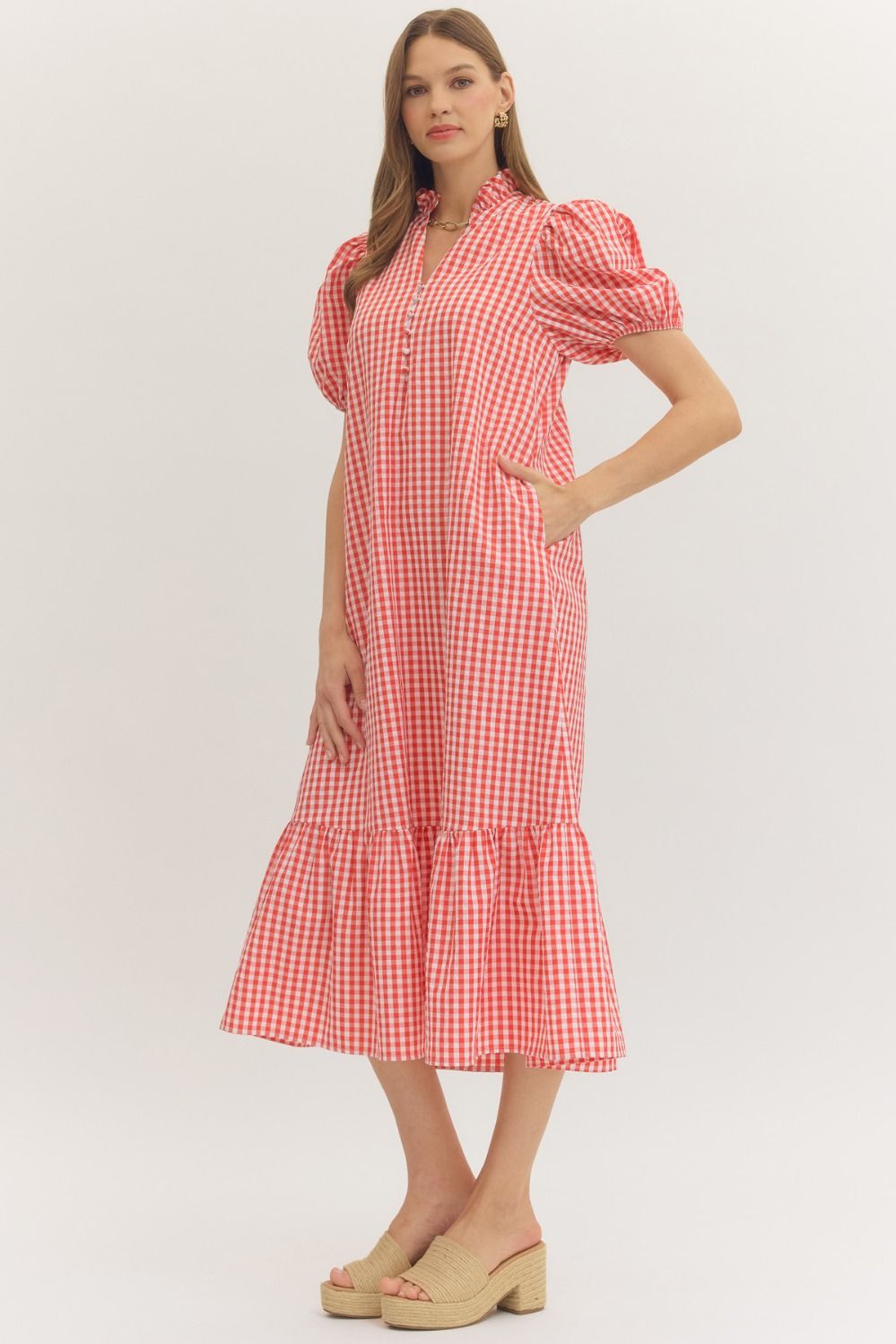 Red Gingham Puff Sleeve Midi Dress