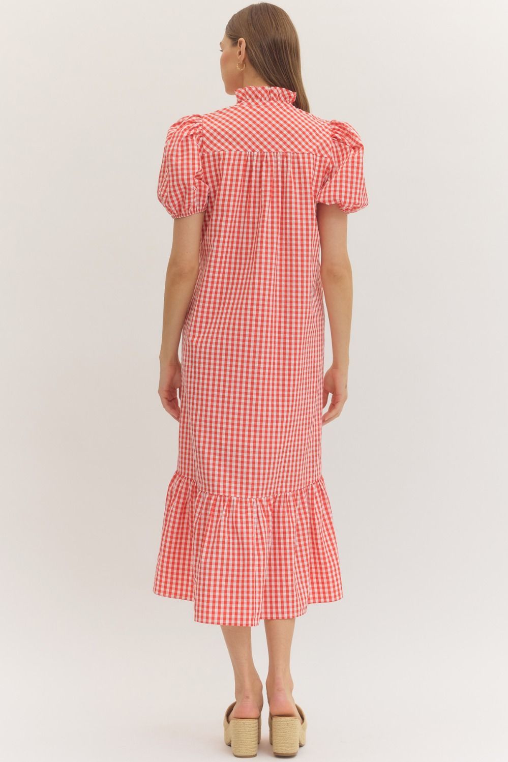 Red Gingham Puff Sleeve Midi Dress
