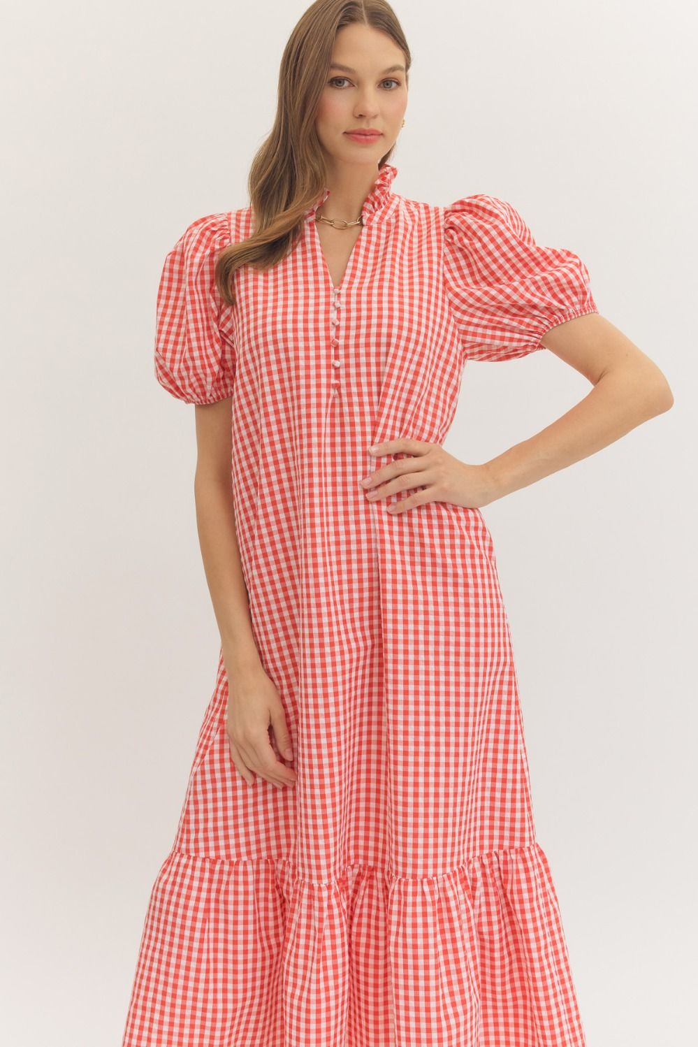 Red Gingham Puff Sleeve Midi Dress