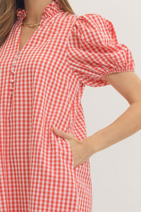 Red Gingham Puff Sleeve Midi Dress