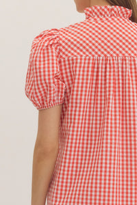 Red Gingham Puff Sleeve Midi Dress