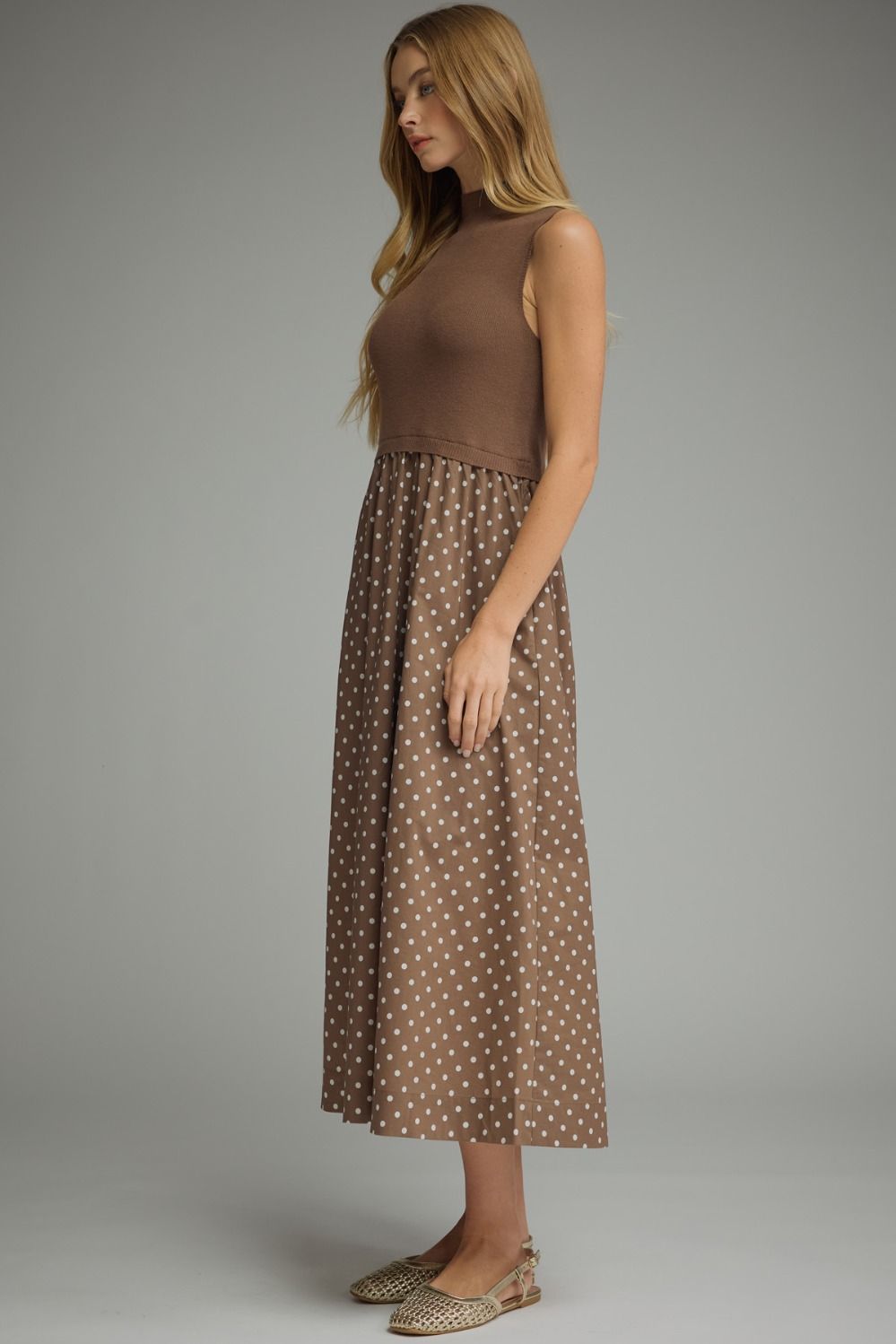Entro | Brown Polka Dot Maxi w/ Knit Bodice