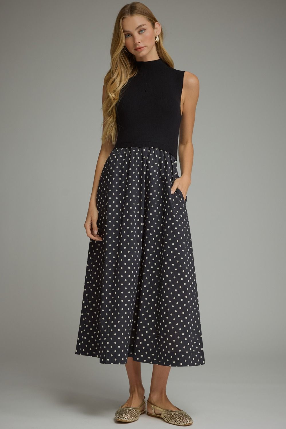 Black Polka Dot Midi w/ Mock Neck Knit Bodice