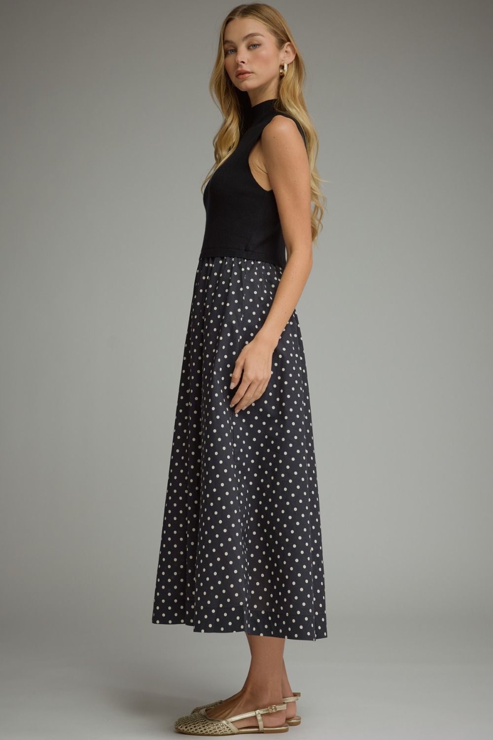 Black Polka Dot Midi w/ Mock Neck Knit Bodice