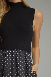 Black Polka Dot Midi w/ Mock Neck Knit Bodice