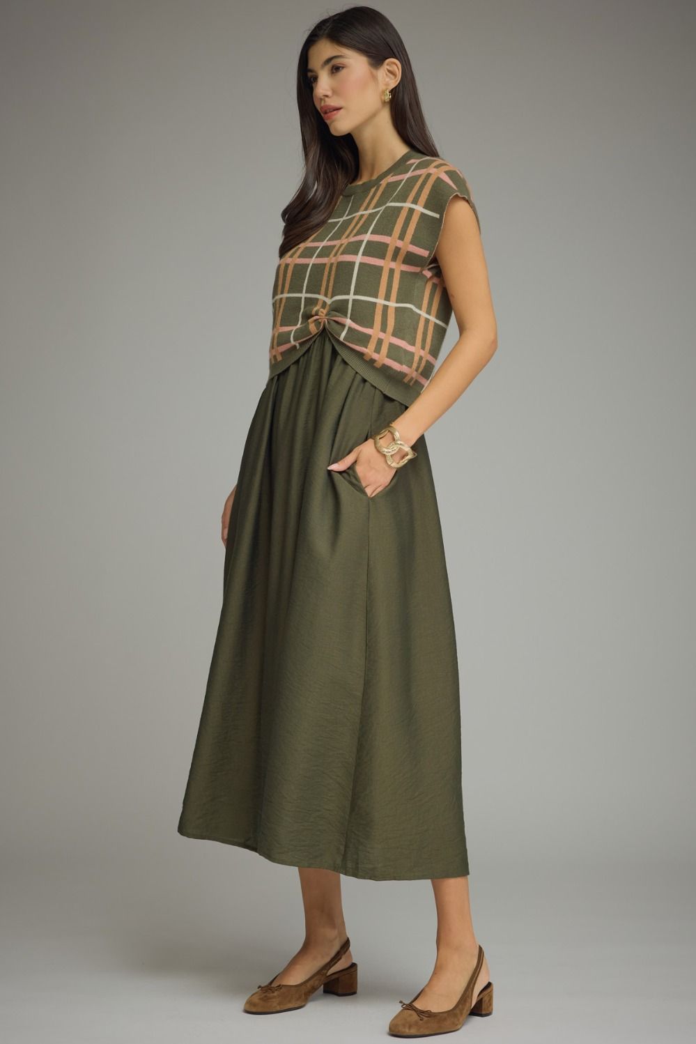 Olive Maxi w/ Removable Plaid Knit Pullover