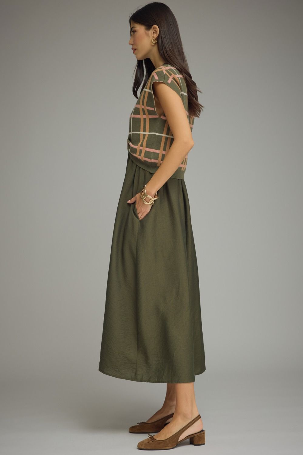 Olive Maxi w/ Removable Plaid Knit Pullover