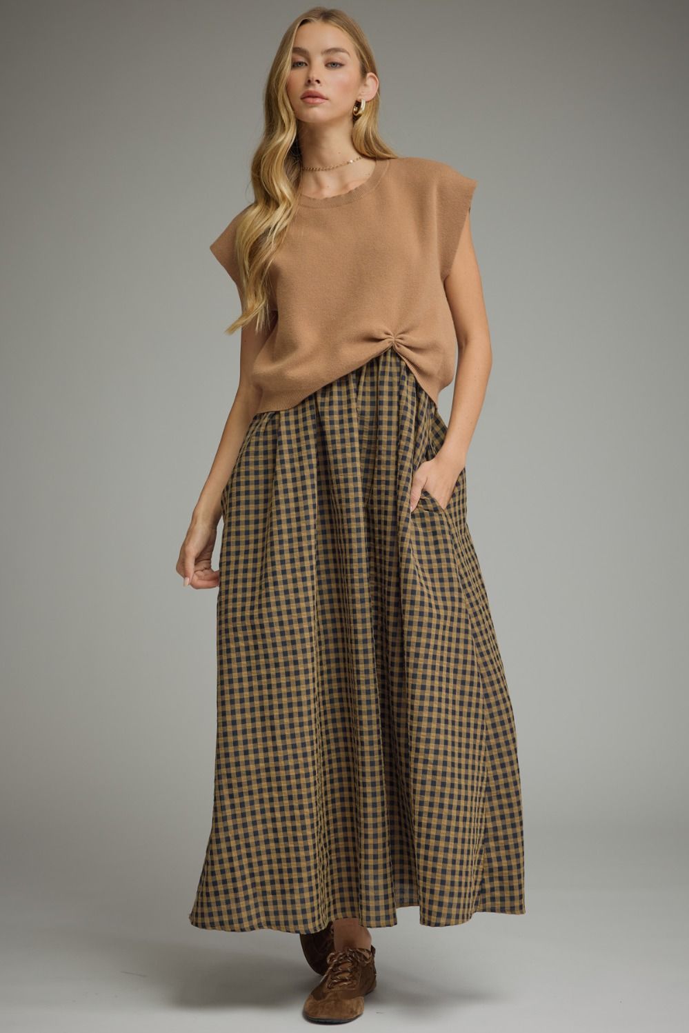 Camel Gingham Midi Dress w/ Removable Cap Sleeve Pullover