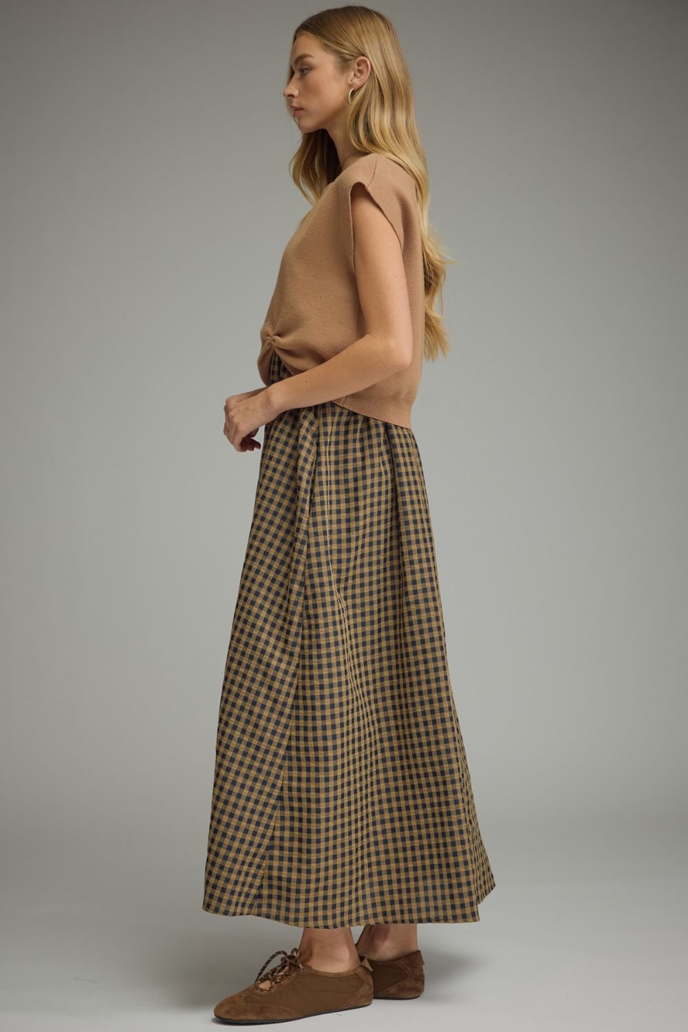 Camel Gingham Midi Dress w/ Removable Cap Sleeve Pullover