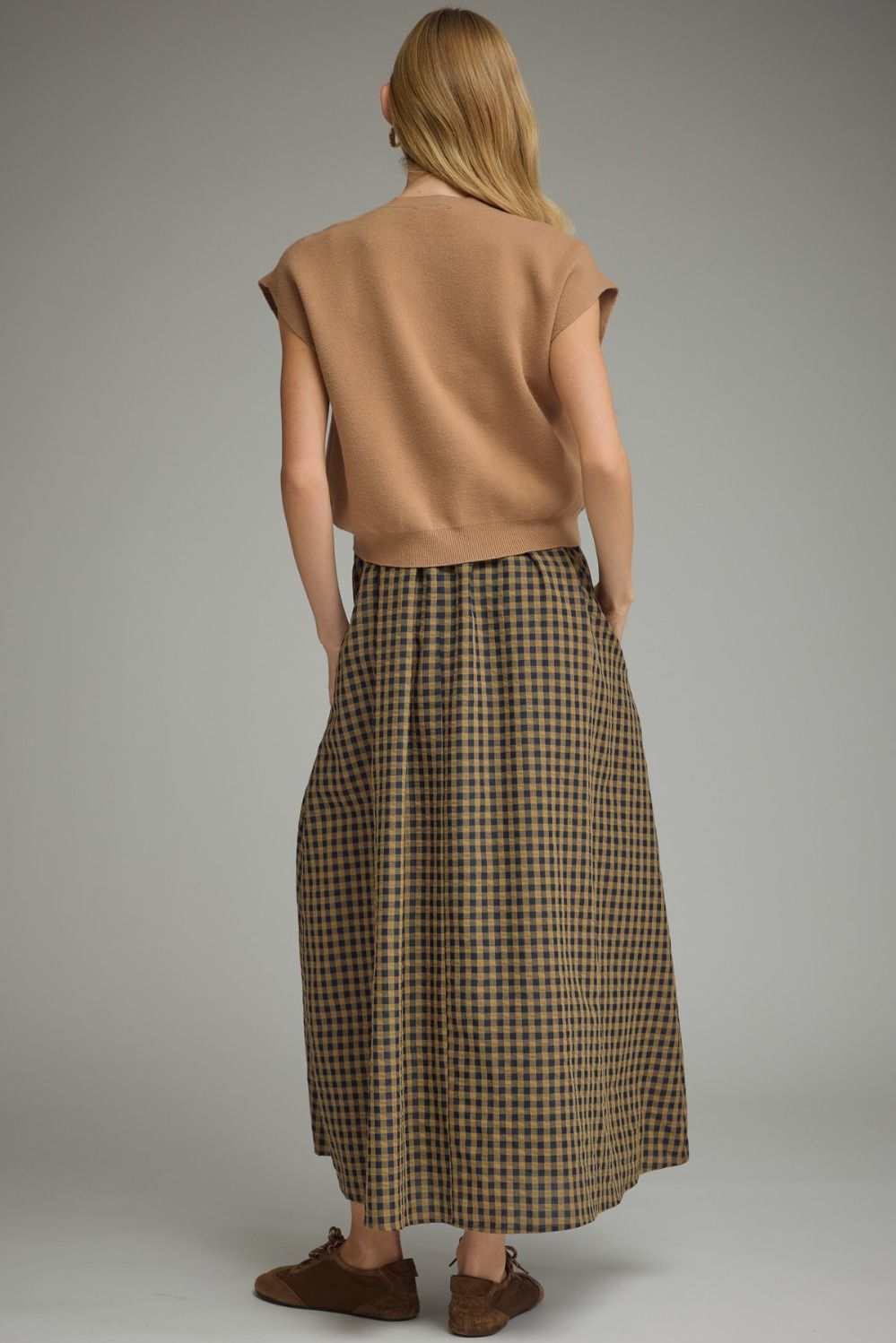 Camel Gingham Midi Dress w/ Removable Cap Sleeve Pullover