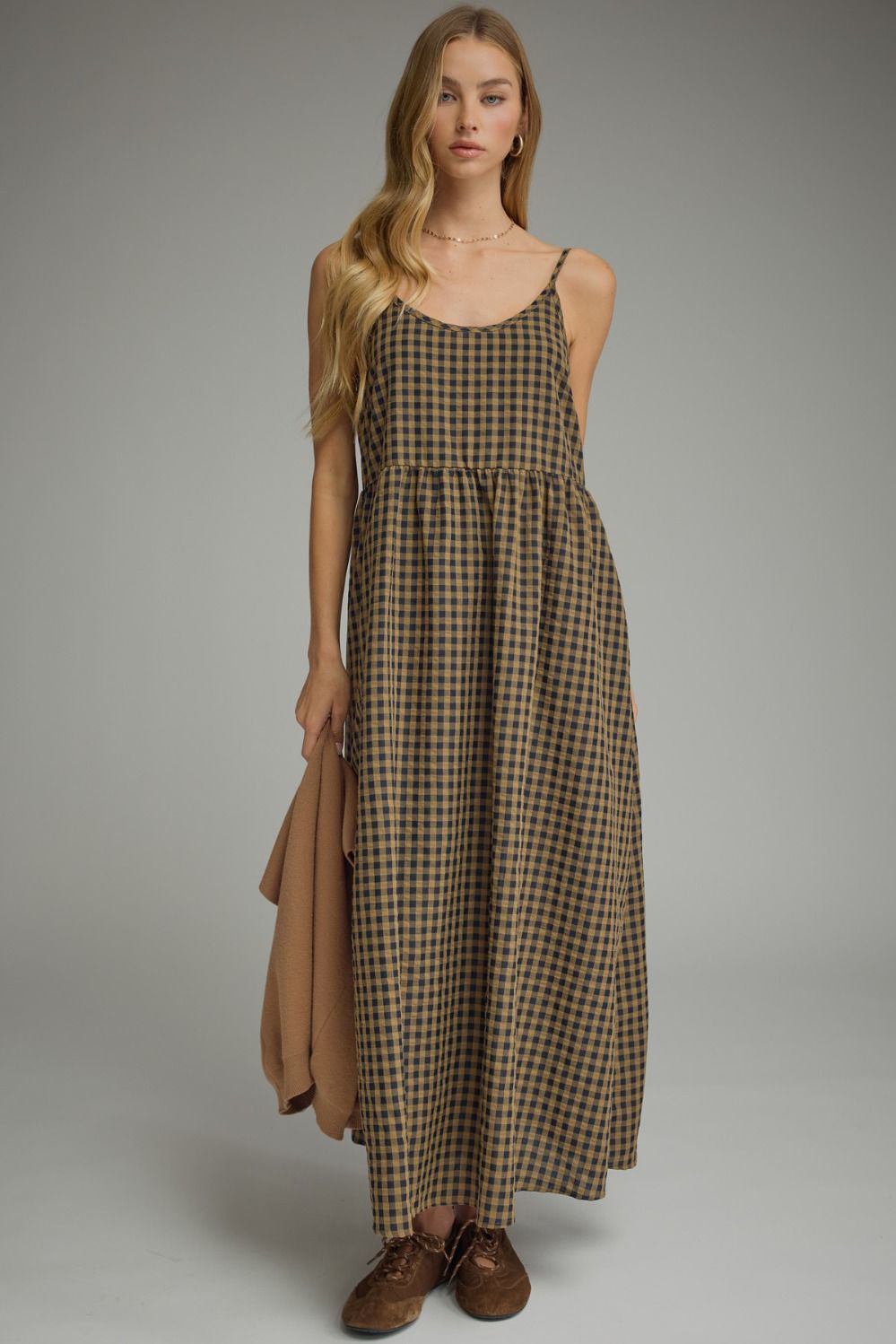 Camel Gingham Midi Dress w/ Removable Cap Sleeve Pullover