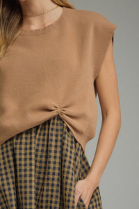 Camel Gingham Midi Dress w/ Removable Cap Sleeve Pullover