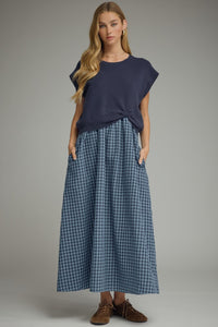Navy Gingham Midi Dress w/ Removable Cap Sleeve Pullover