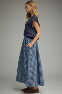Navy Gingham Midi Dress w/ Removable Cap Sleeve Pullover