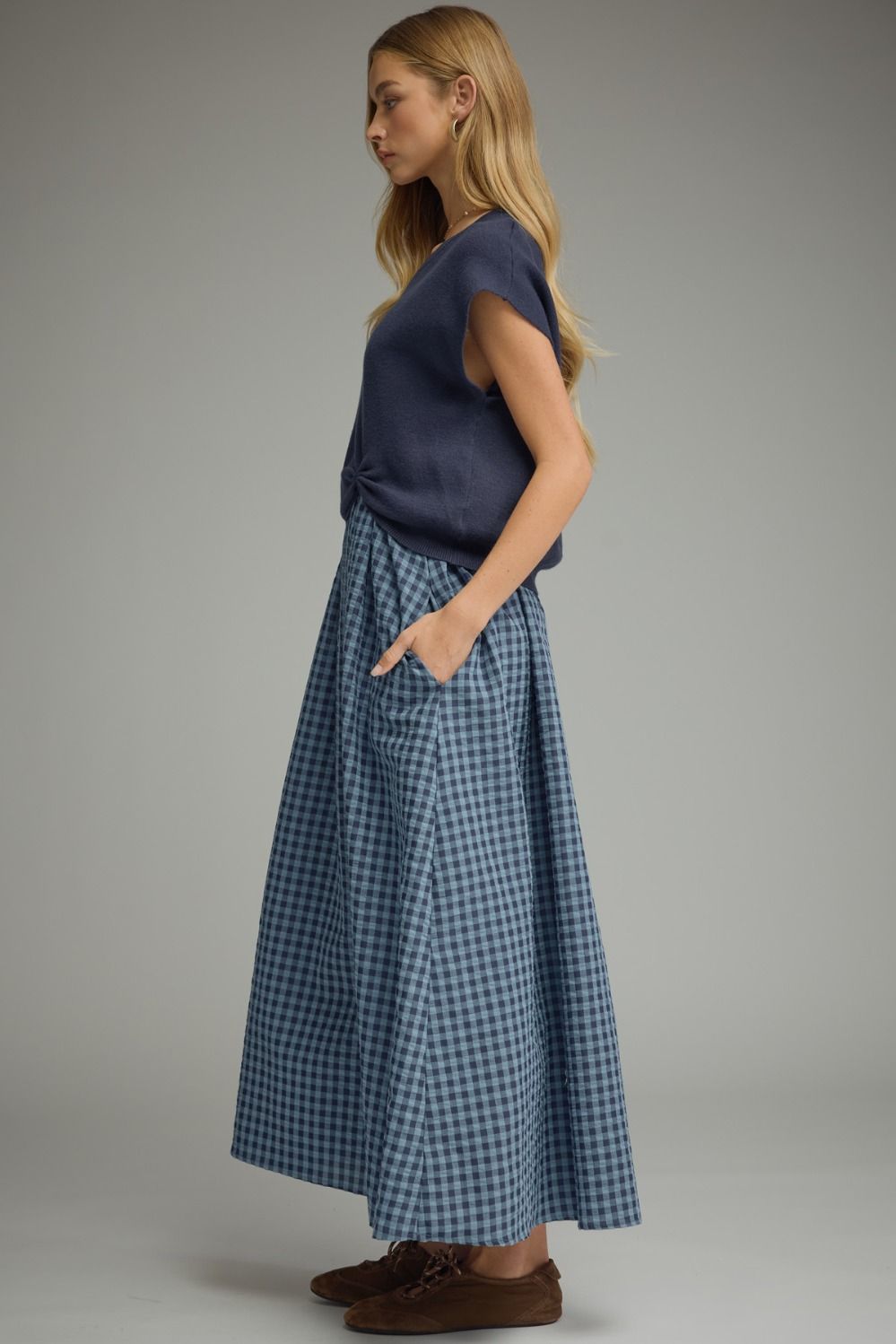 Navy Gingham Midi Dress w/ Removable Cap Sleeve Pullover