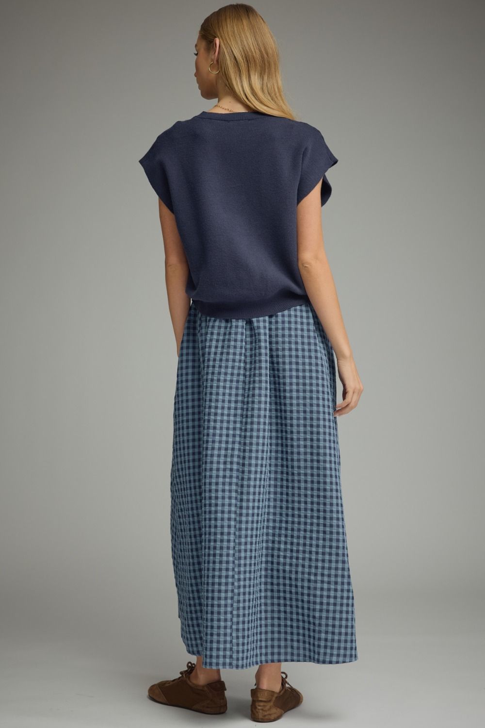 Navy Gingham Midi Dress w/ Removable Cap Sleeve Pullover
