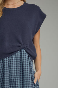Navy Gingham Midi Dress w/ Removable Cap Sleeve Pullover